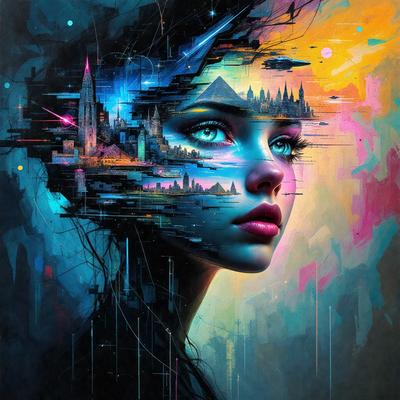 The primary subject of the image is a woman with blue eyes, who is the main focus of the scene. She is surrounded by a vibrant and colorful background, which includes a cityscape and a sky filled with stars. The visual style of the image is a combination of digital art and illustration, creating a unique and artistic representation of the woman. The colors and mood of the image are lively and energetic, with the woman's blue eyes standing out as the main point of interest.